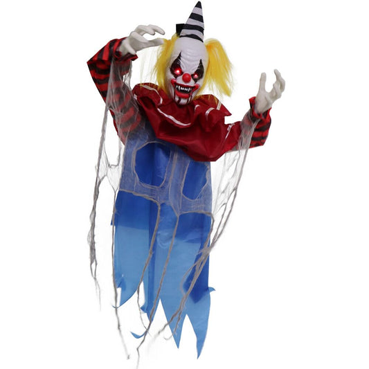 Haunted Hill Farm Animatronic Twisting, Talking Clown Greeter with Folding Door Hook for Scary Hanging Halloween Decoration