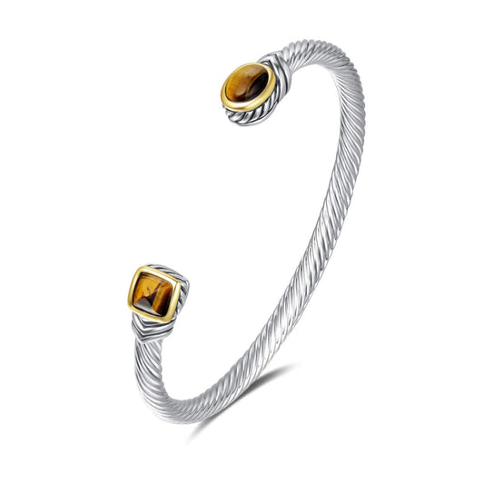 UNY Classic Signature Bracelet Luxury Inspired Women Jewelry 4.5mm Thin Twisted Cable Wire Bangle Christmas Day Gift (Tiger Eye color)