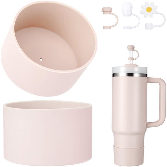DUNLAGUE 2-Piece Silicone Boot for Stanley Quencher H2.0 20 30, 40oz & IceFlow Flip 20 30oz Tumblers with 3-Piece Straw Cover Cap, Stanley Cup Accessories Set, Rose Quartz