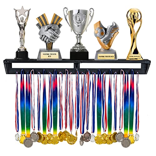 LAVIEVERT Gymnastic Medal Hanger with Storage Shelf, Wooden Wall-Mounted Trophy Shelf, Race Medal Display Rack Holder with 23 Hanging Bars - Black