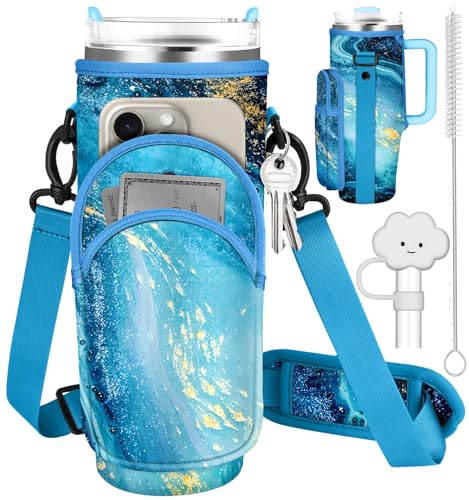 Toykee Water Bottle Holder Carrier Bag for Stanley 40 OZ Tumbler with Strap Phone Pocket, Purple Wrap Around Drink Cup Purse Pouch with Straw Cover Cleaner Brush Accessories Marble Print