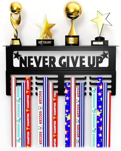 Takytao Medal Hanger Display with Trophy Shelf, Upgraded Sports Medal Holder Trophy Display Shelf Ribbon Holder Simple Wall Hanger with Motivational Words for Athletes and Youth