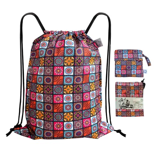 FLOCK THREE Leakproof Drawstring Backpack Sports Gym Bag Large Capacity With Pocket for Sports Gym Travel Swimming Beach (Flower01)