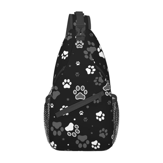 NISENASU Paw Print Sling Bag Crossbody Backpack,Dog Paw Print and Star on Black Background Chest Bag Adjustable Casual Shoulder Backpack Cute Animal Footprint Travel Hiking Daypack