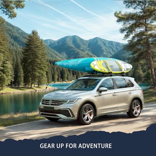 Arksen Universal 2 Pairs Heavy Duty Kayak Roof Rack J-Bar Easy to Carry Canoe Top Folding Adjustable Accessories for Car SUV Truck Crossbar with 4 pcs Top Mount Racks for Trip