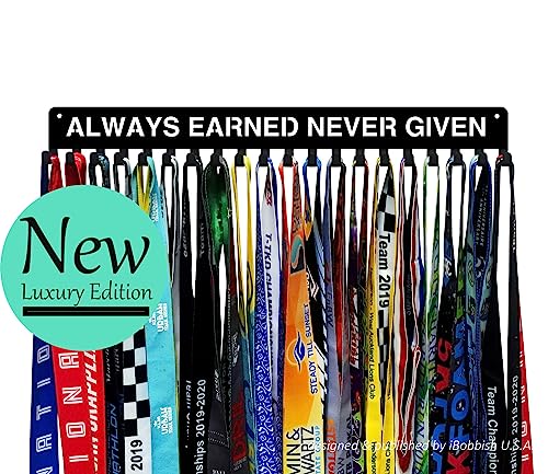 iBobbish Premium Medal Holder Hanger Display for wall ALWAYS EARNED NEVER GIVEN with 20 Hooks,race medal display Upgraded Medal Holder display with Simple Design for gymanstics,race,soccer,swim