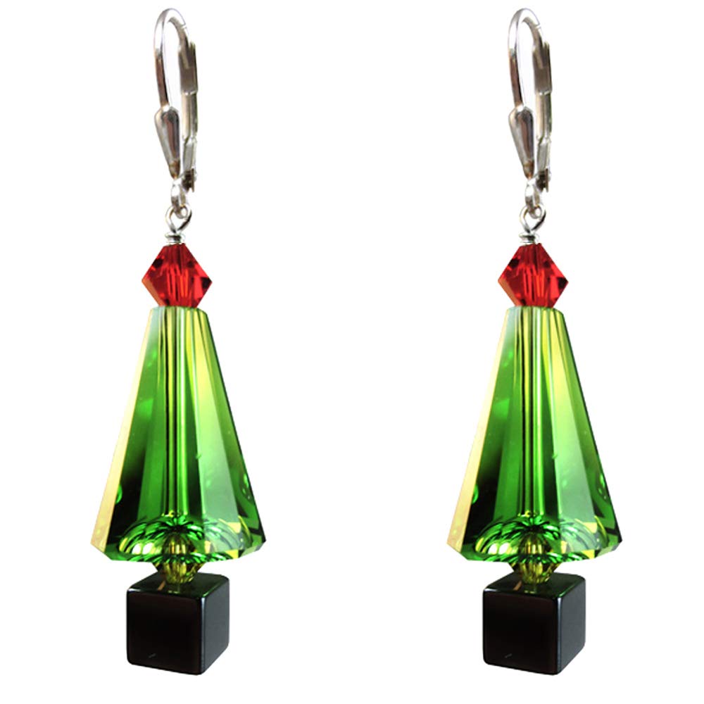 Green Christmas tree Earrings Made with Austrian Crystal elements Silver Leverback