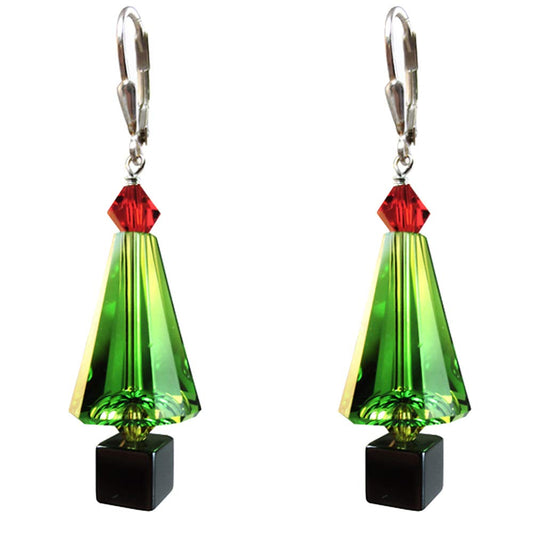Green Christmas tree Earrings Made with Austrian Crystal elements Silver Leverback
