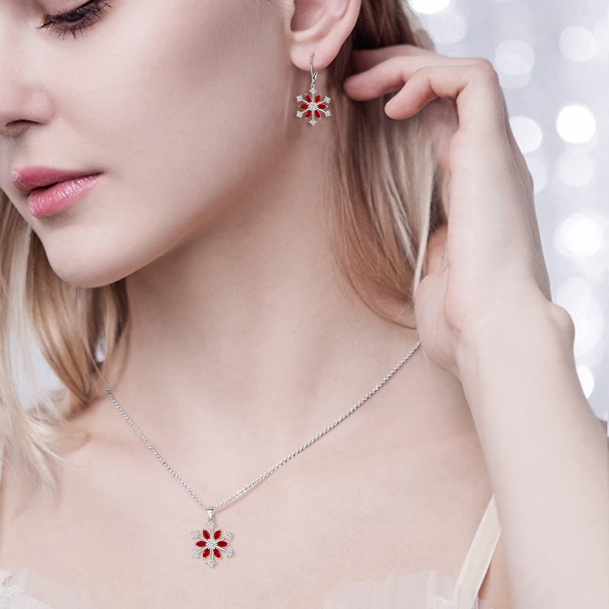 EVER FAITH Snowflake Jewerly Set 925 Sterling Silver Winter Accessory Sparkle Red CZ Flower Necklace Leverback Earrings Sets