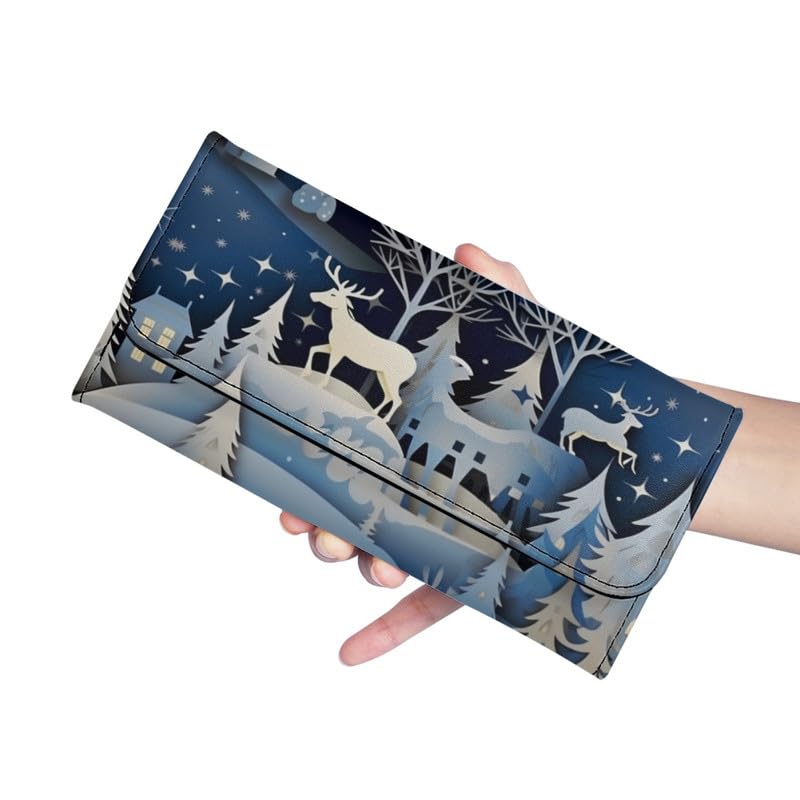 Jolamirel Womens Christmas Gift Trifold Wallets Snow Town Reindeer Large Capacity Wallet Paper Craving Pine Forest Deer PU Luxury Leather Ladies Long Slim Card Holder Purse