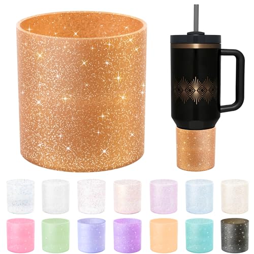 Vmini Full Bottom Protector, Glitter Silicone Boot Compatible with Stanley Quencher 40 oz Tumbler with Handle, Bling Anti-Slip Boot Sleeve for Stanley Cup 40oz Accessories (Transparent Sequin)