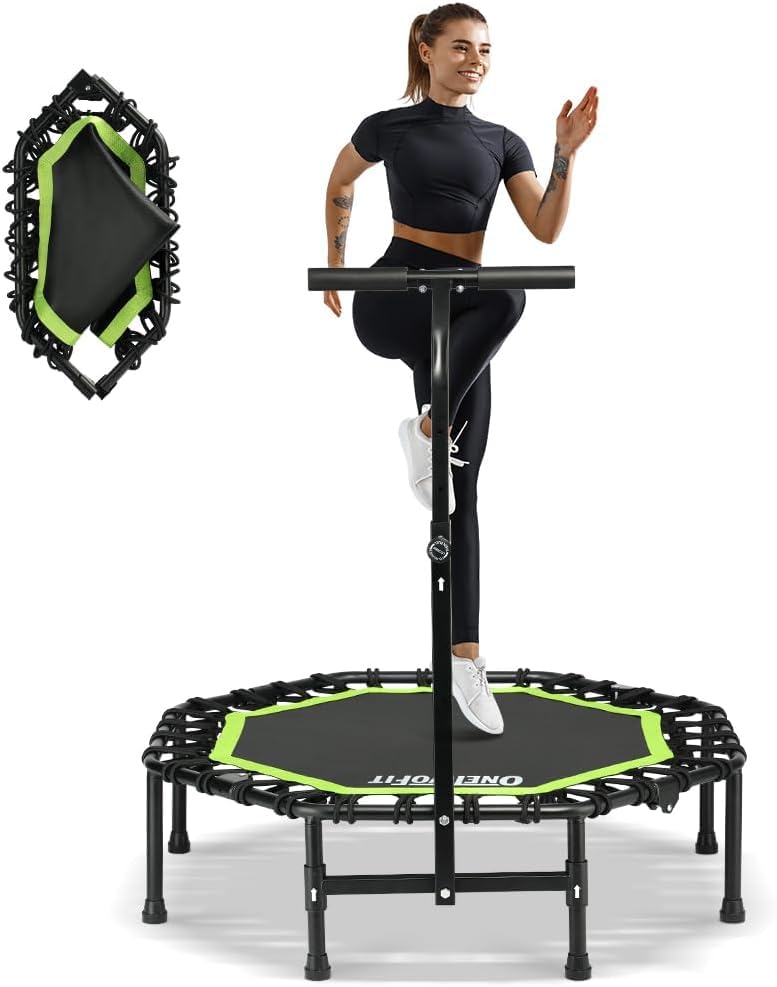 ONETWOFIT Foldable Rebounder Trampoline for Adults, 42” Mini Fitness Trampoline W/Adjustable Foam Handle Bungees, Quiet Exercise Trampoline for Personal Indoor Garden Workout, Max Load 330lbs