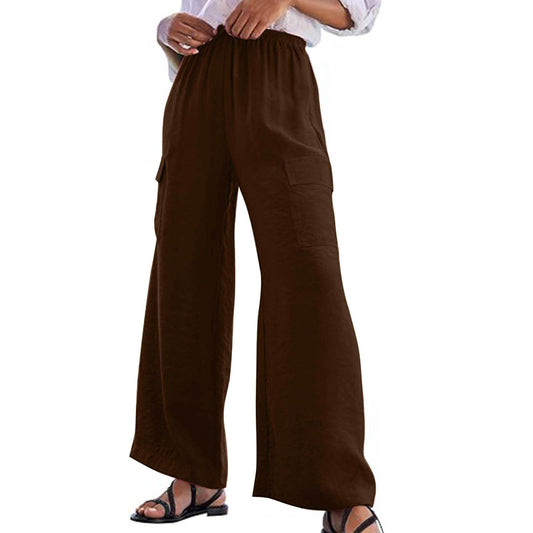 Turilly Women's Pants Baggy Loose Wide Leg Comfy Soft Pants Casual Drawstring Elastic Waisted Work Pants with Side Pockets Brown