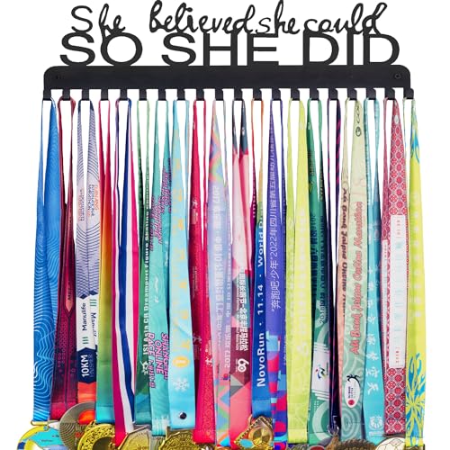 Goutoports Medal Holder Display Hanger Rack Frame for Sport Race Runner - She Believed She Could - Sturdy Black Steel Metal Over 60 Medals Easy to Install