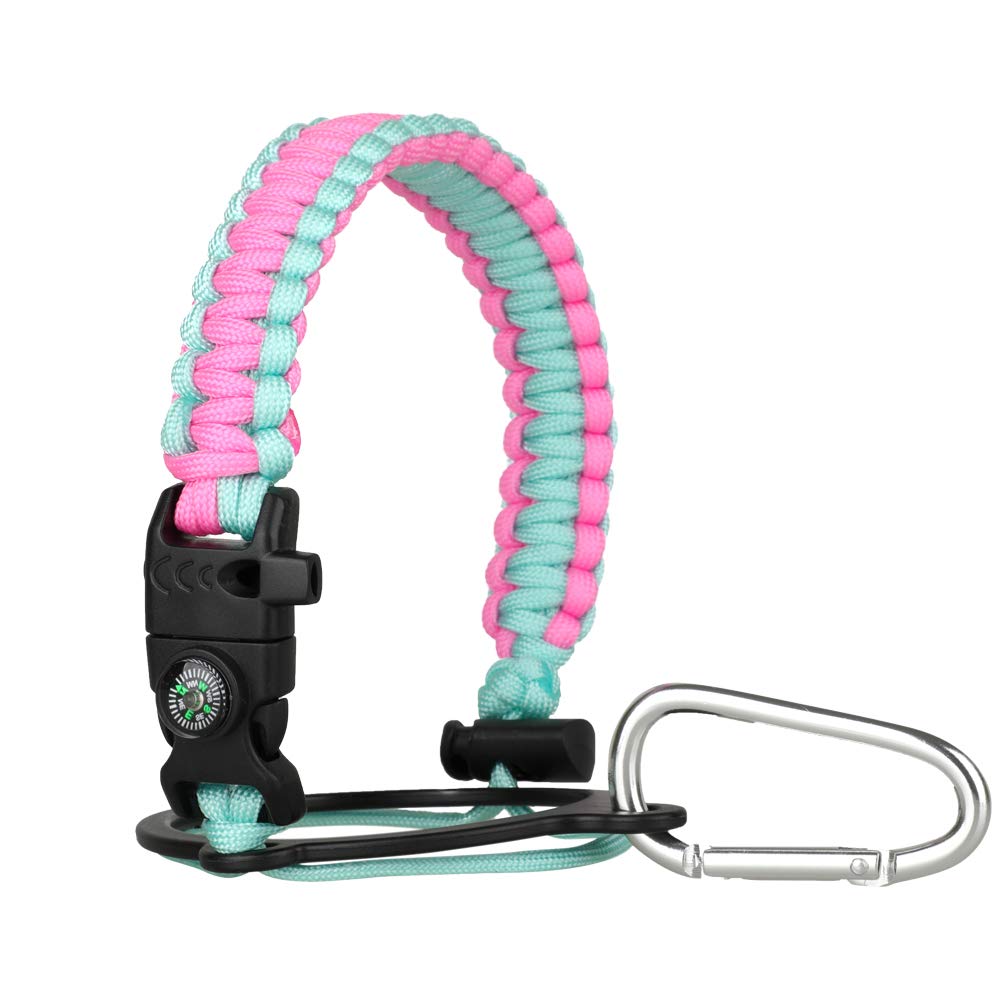 Paracord Handle - Fits Wide Mouth Bottles 12oz to 64oz - Durable Carrier, Paracord Carrier Strap Cord with Safety Ring,Compass and Carabiner - Ideal Water Bottle Handle Strap (Pink)