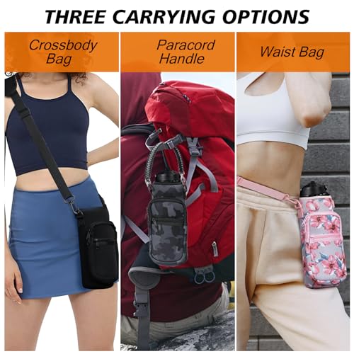 AceTreker 32/40/64/128 oz Neoprene Insulated Water Bottle Carrier Bag, Sport Bottle Sleeve Pouch Holder with Strap & Paracord Handle and 2 Pocket for Travelling, Hiking, Camping-Purple