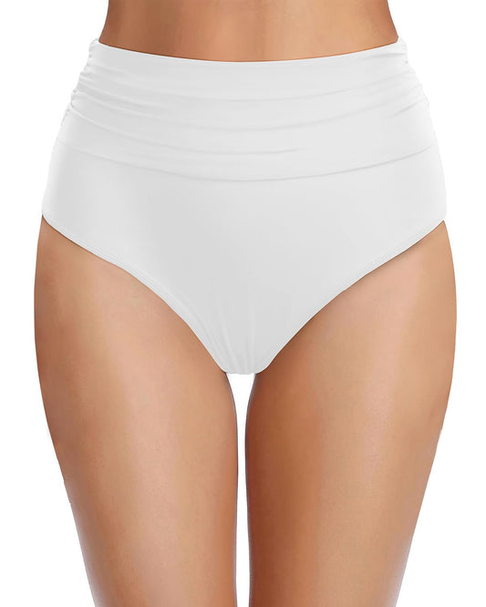 Zmart Women's High Waisted Bikini Bottoms Ruched Tummy Control Bathing Suit Bottom Full Coverage Swimsuit White L