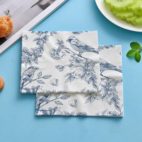 120 Pcs Paper Napkins Blue & White Disposable Spring Flowers Dessert Napkin for Wedding Holiday Birthday Party Bridal & Baby Shower Tableware Party Supplies