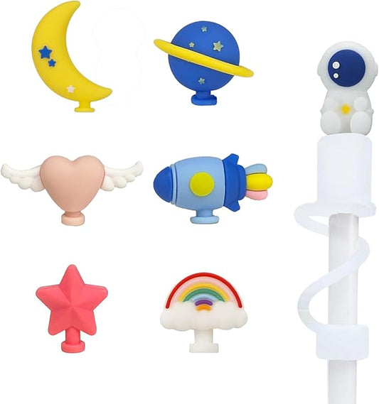 Straw Cover for Stanley Cup for Simple Moder 40 oz Trek, 10mm Silicone Straw Cap with 7Pcs Detachable Cute Charms, Dust Proof Topper Accessories for 0.4inch/10mm Straw Sky Adventurer