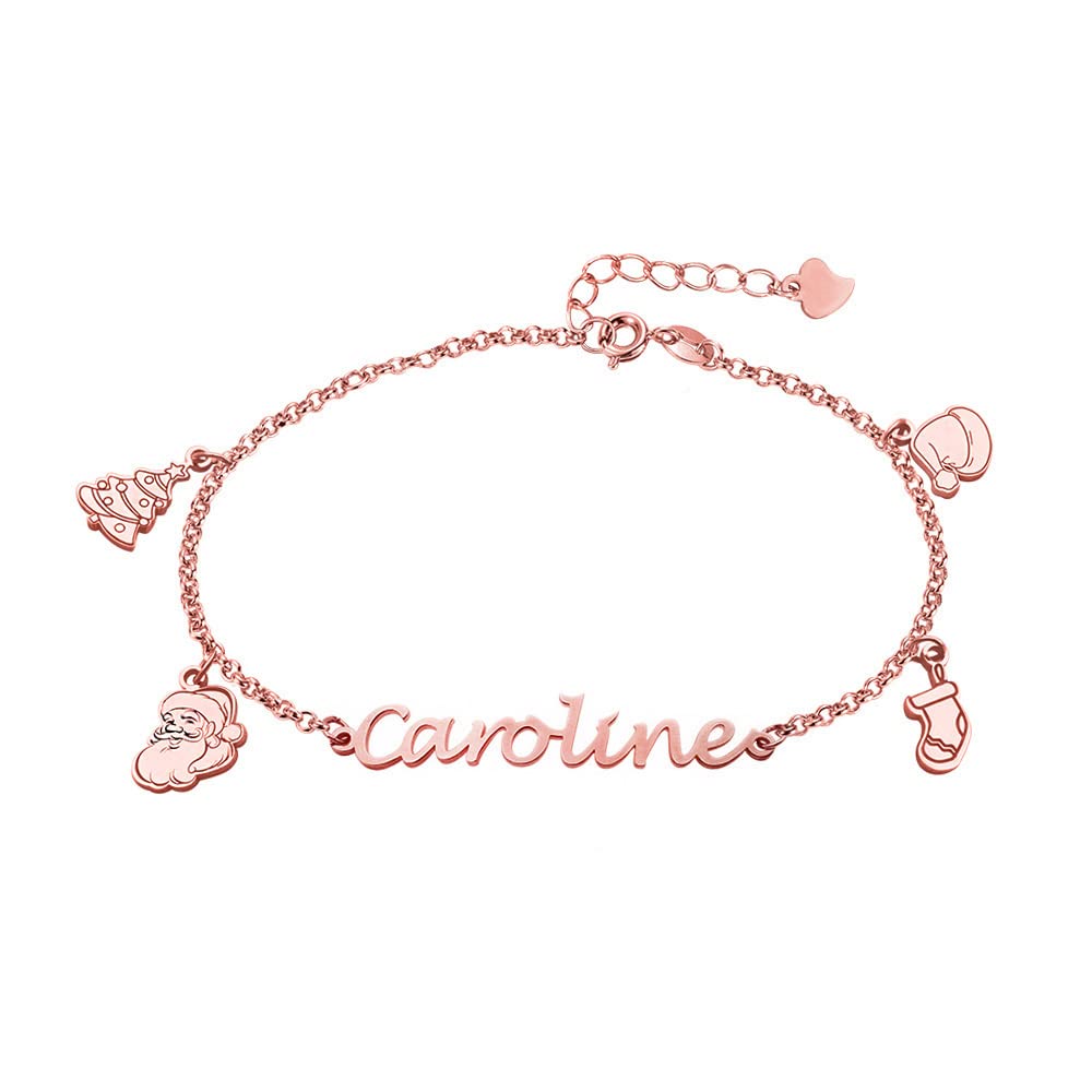 AILIN Custom Christmas Bracelet For Women With Xmas Trees/Santa Claus/Stockings/Hats Charm Sterling Silver 925 Personalized Name Bracelets Jewelry Gifts For Her Mother Daughter