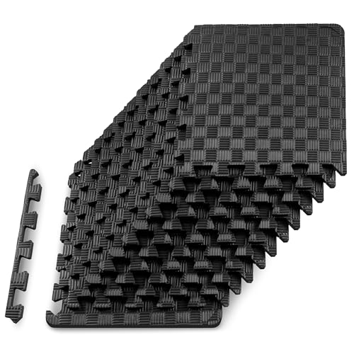ProsourceFit Exercise Puzzle Mat 1-in, Checkered EVA Foam Floor Tiles w/Non-Slip Texture, Gym Mat w/Interlocking Foam Tiles for Adjustable Surface, Shock Absorbing, Waterproof Gym Flooring, Black