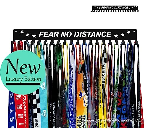 iBobbish Premium Medal Holder Hanger Display FEAR NO DISTANCE with 20 Hooks,race medal display Upgraded Medal Holder display with Simple Design for gymanstics,race,soccer,swim