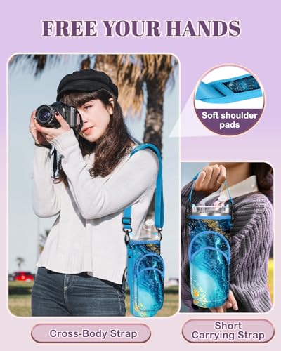Toykee Water Bottle Holder Carrier Bag for Stanley 40 OZ Tumbler with Strap Phone Pocket, Purple Wrap Around Drink Cup Purse Pouch with Straw Cover Cleaner Brush Accessories Marble Print