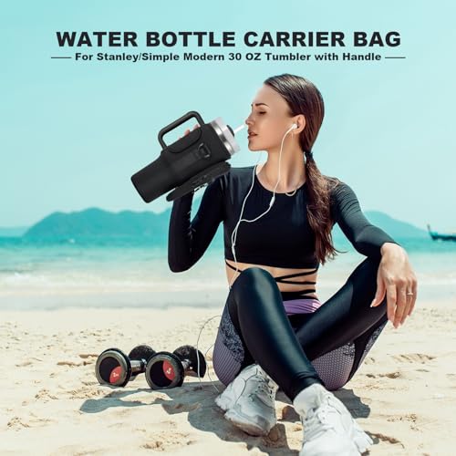 BULKITEM 30oz Water Bottle Carrier Bag with Phone Pocket for Black Stanley 30 oz Tumbler with Handle, Black Insulated Neoprene Cup Holder Pouch Strap for Valentines Stanley Cup Accessories