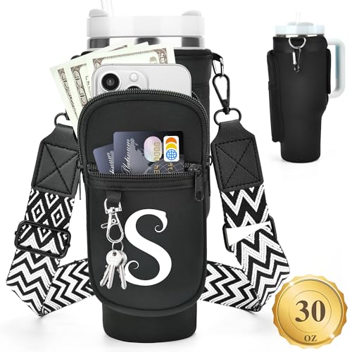LOKASS Initial Water Bottle Holder with Upgrade Canvas Strap for Stanley 30 oz Tumbler, Gift for Mom Mother's Day Day gifts with Phone Pocket, Personalized Accessories for Stanley Cup, Blue - T