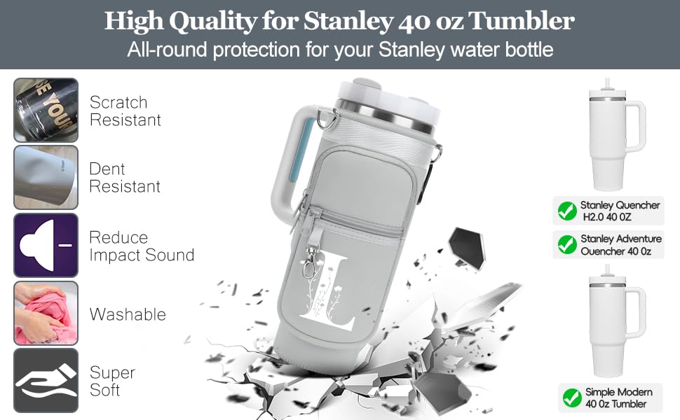 LOKASS for Stanley Cup Accessories 40 oz Water Bottle Carrier Bag with Phone Pocket for Stanley Tumbler Holder with Strap, Personalized Gifts with Floral Initial A-Z for Women/Girls/Stanley Cup Fans