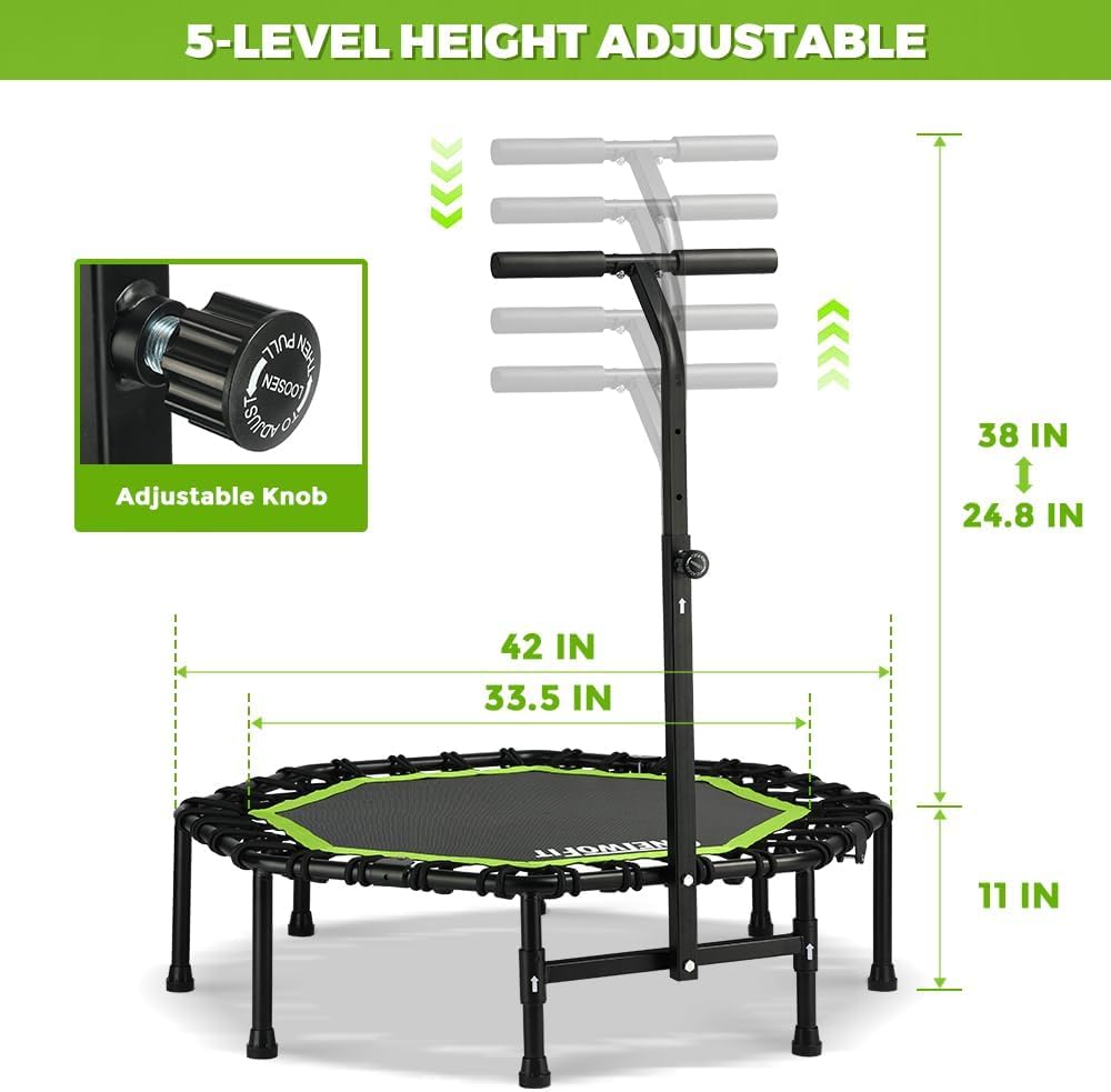 ONETWOFIT Foldable Rebounder Trampoline for Adults, 42” Mini Fitness Trampoline W/Adjustable Foam Handle Bungees, Quiet Exercise Trampoline for Personal Indoor Garden Workout, Max Load 330lbs