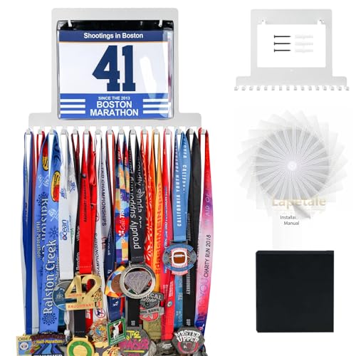 Lapetale Fashion BIB White Medal Hanger Holder Display Wall Rack Frame Shelf-Medal Hanger Awards Ribbon Cheer,Gymnastics,Soccer,Softball Holder Display Custom Rack for Sports Medals Easy to Install