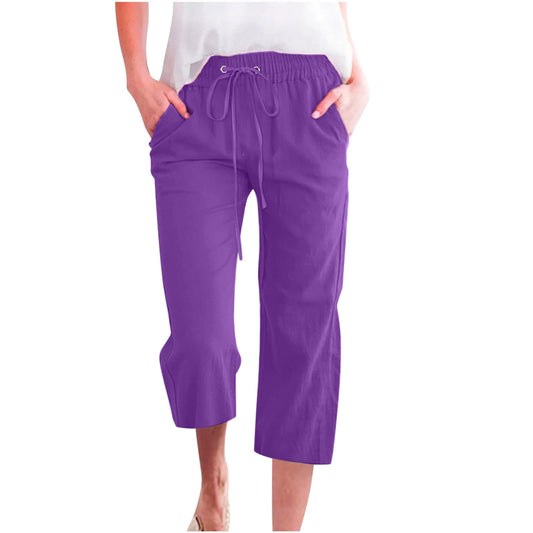 Ladies Capri Pants, Prime Deals of The Day Today Only, Capri Pants for Women Casual 2024 Summer Drawstring Elastic High Waist Linen Pants Straight Wide Leg Capris Cropped Trouser E04_Purple,XXL