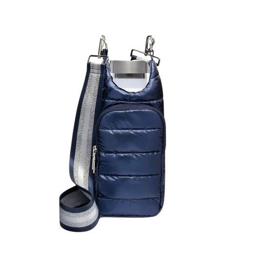 WanderFull Original Crossbody HydroBag | Quilted Water Bottle Carrier | Puffer Tote Tumbler Holder with Pockets for Purse, Phone & Accessories | Carry Travel Essentials (Navy/Patterned Strap)