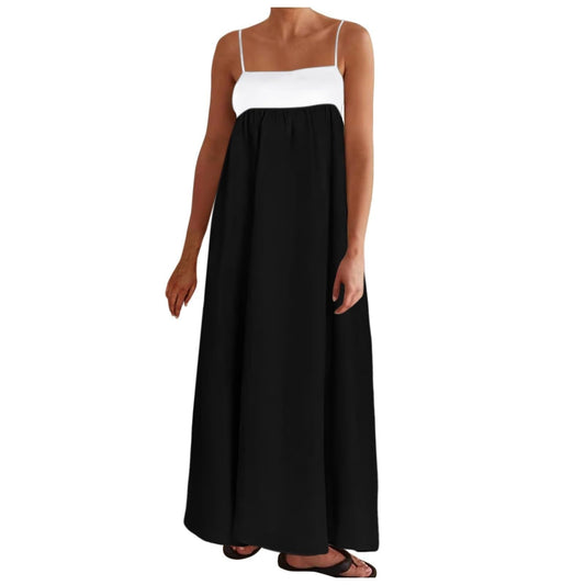 Maxi Summer Dress Womens Linen Maxi Dress Contrast Trim Spaghetti Straps Summer Outfits Travel Vacation Sleeveless Long Dresses Flowy Summer Dress for Women