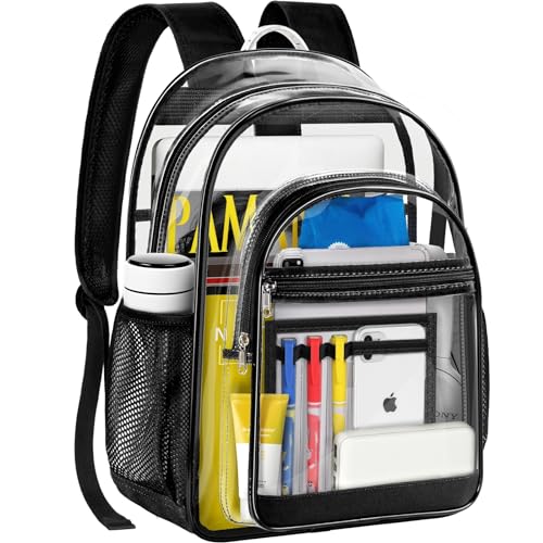 GEAMSAM Clear Backpack, Heavy Duty Large Transparent Backpack with Reinforced Straps, See Through Book Bag for College, Travel, Work Security - Black