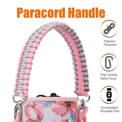 AceTreker 40 oz Neoprene Water Bottle Holder with Strap for Insulated Metal Hydro Jug Water Bottles, Sleeve Carrier Bag for Camping Trip-Pink Flowers