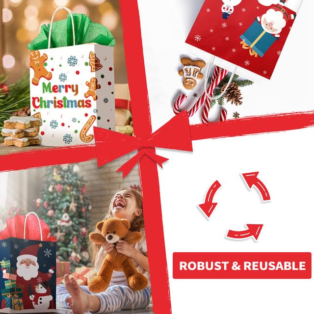 Kidtion Christmas Gift Bags 30 PCS, 7.5"x9"x3.5" Durable Christmas Bags with Tissue Paper, 6 Styles Gift Bags Bulk with Handles, Reusable Small Gift Bags Xmas Paper Bags, Party Favors Holiday Gift Bags, Colorful