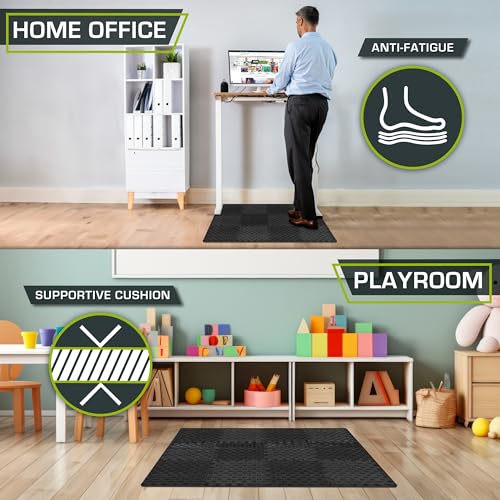 ProsourceFit Exercise Puzzle Mat 1-in, Checkered EVA Foam Floor Tiles w/Non-Slip Texture, Gym Mat w/Interlocking Foam Tiles for Adjustable Surface, Shock Absorbing, Waterproof Gym Flooring, Black
