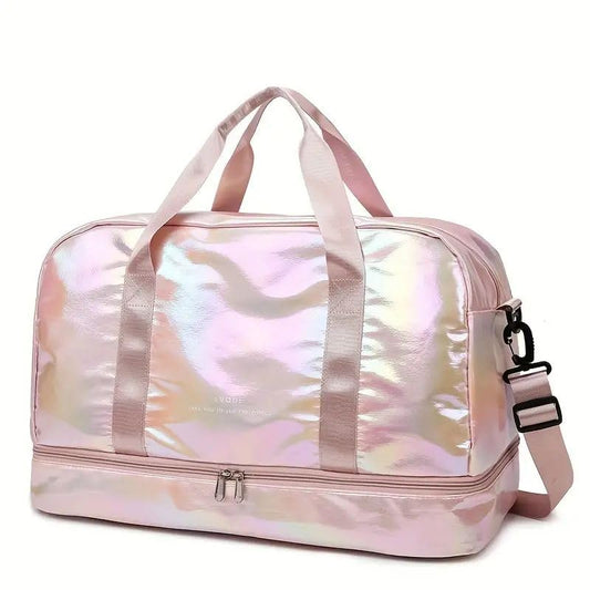 Gym yoga Bag Dry Wet Separated,Sports Travel Duffel Bag,Weekender Overnight Carry On Bag with Shoes Compartment Wet Pocket Women Travel Foldable Bag (fluorescent pink)