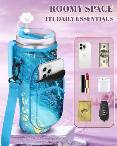 Toykee Water Bottle Holder Carrier Bag for Stanley 40 OZ Tumbler with Strap Phone Pocket, Purple Wrap Around Drink Cup Purse Pouch with Straw Cover Cleaner Brush Accessories Marble Print