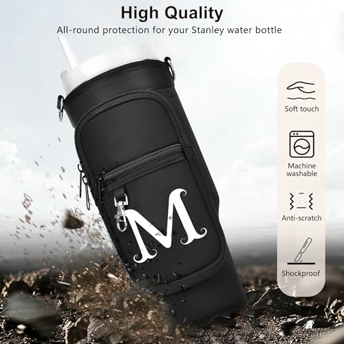 LOKASS Initial Water Bottle Holder with Upgrade Canvas Strap for Stanley 30 oz Tumbler, Gift for Mom Mother's Day Day gifts with Phone Pocket, Personalized Accessories for Stanley Cup, Blue - T