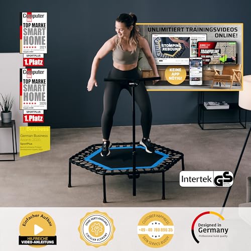 SportPlus Indoor Trampoline, Blue/Green/Red, Rebounder Home Fitness Trampoline with Height Adjustable Bar