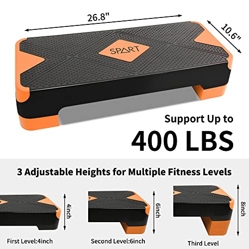 SPART Adjustable Workout Aerobic Stepper, Aerobic Exercise Step Platform with 4 Risers, 3 Levels Adjust 4" - 6" - 8", 26.77" Trainer Stepper with Non-Slip Surface for Home Gym, Black-Orange