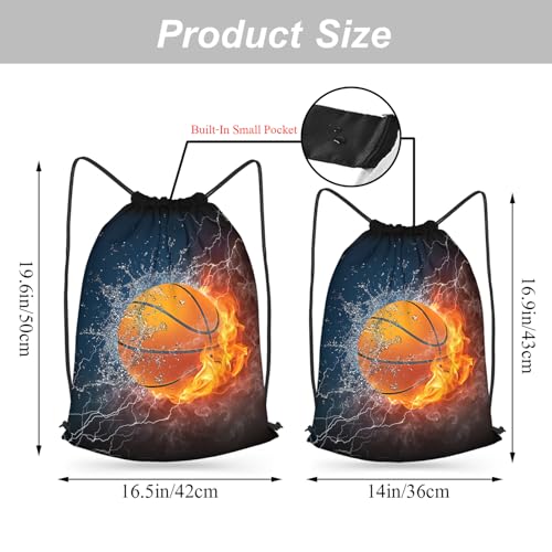 Zautey Basketball Drawstring Bag 3D Cool Basketball in Fire And Water Backpack Bag Sports Drawstring Sackpack String Bag for Men Women