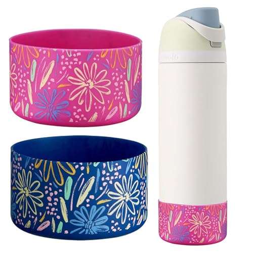 WK IEASON 2Pcs Silicone Water Bottle Boot for Owala 24oz, Protective Flask Bottom Cover Base for Owala FreeSip Twist and Flip Flask Bottles (Floral print Carnation/blue, 24OZ)