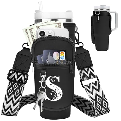 LOKASS for Stanley Cup Accessories 40 oz Water Bottle Carrier Bag with Phone Pocket for Stanley Tumbler Holder with Strap, Personalized Gifts with Floral Initial A-Z for Women/Girls/Stanley Cup Fans