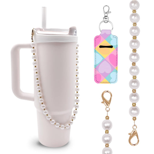 Lingdeer Water Bottle Handle with Lip Balm Holder, Pearl Water Bottle Sling Holder Lanyard, Carrier with Strap, Fits Most 8-40oz Bottles, Compatible with Stanley Cup Accessories
