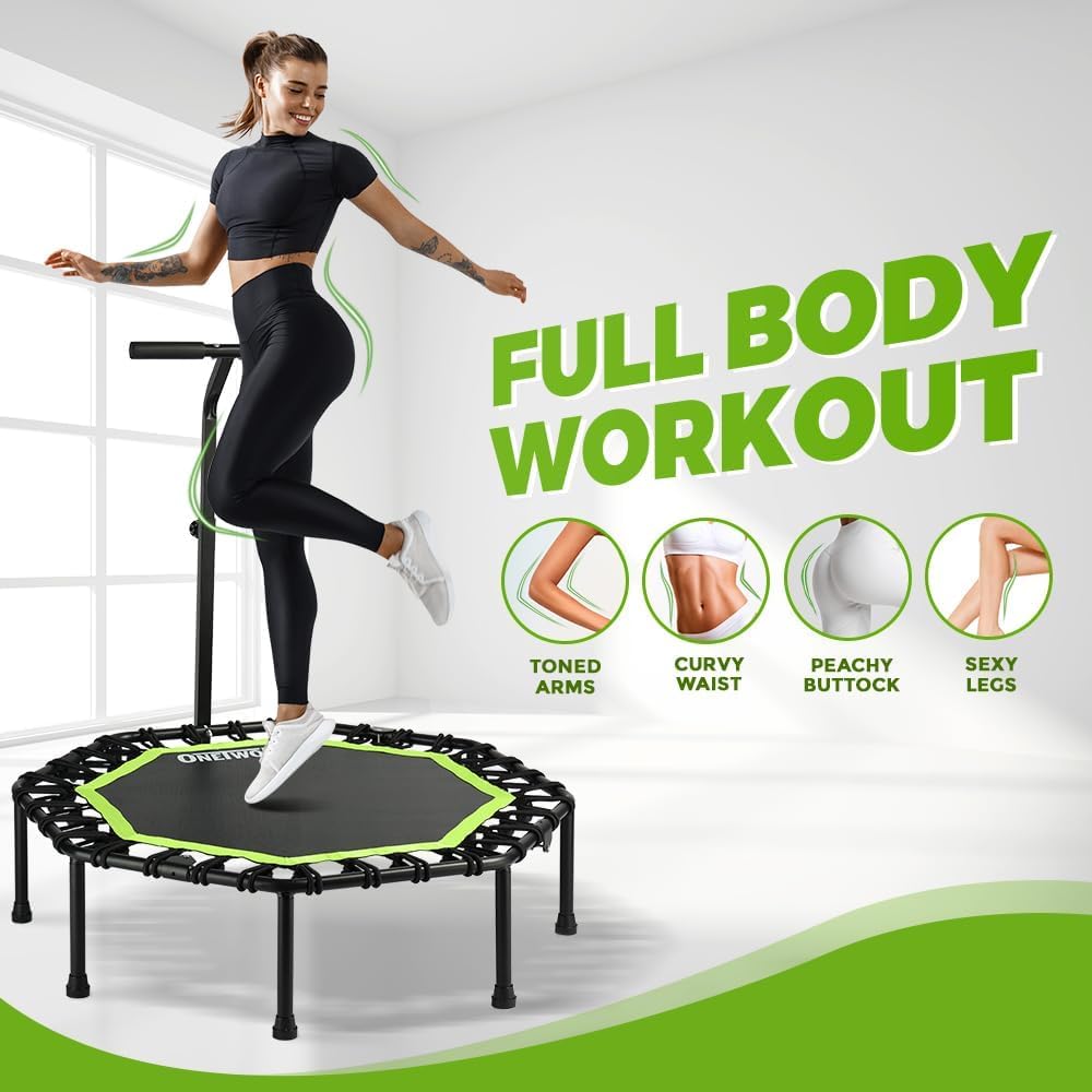 ONETWOFIT Foldable Rebounder Trampoline for Adults, 42” Mini Fitness Trampoline W/Adjustable Foam Handle Bungees, Quiet Exercise Trampoline for Personal Indoor Garden Workout, Max Load 330lbs