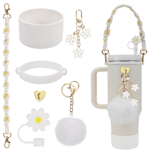Stanley Cup Accessories Set Including 1 Pcs Water Bottle Handle Strap, 1 Pcs Siliocne Stanley Cup Boot, 1 Pcs Siliocne Straw Cover, 2 Pcs Stanley Charms for Stanley Cup 40oz & 30oz Tumbler (White)…